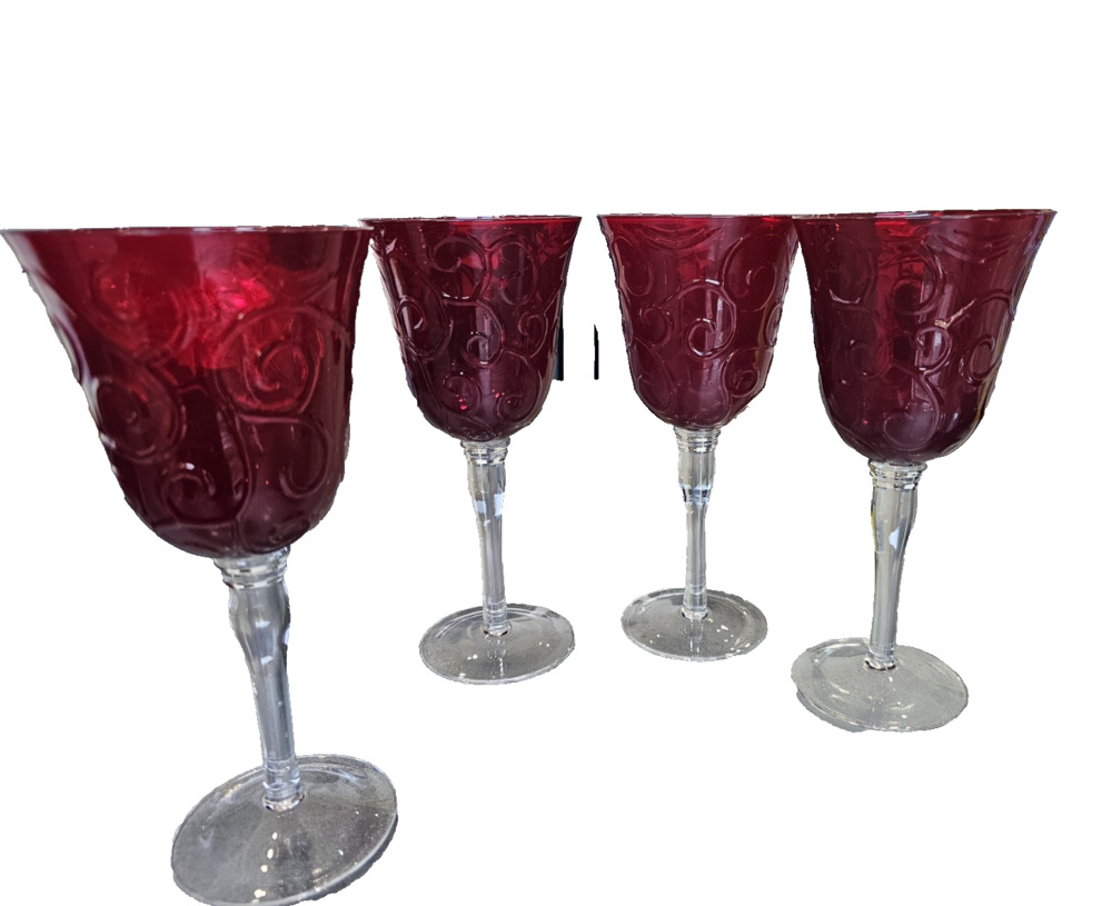 Vintage Ruby Red Embossed Swirl Wine Goblets Set of 4 Clear Stem Glasses
